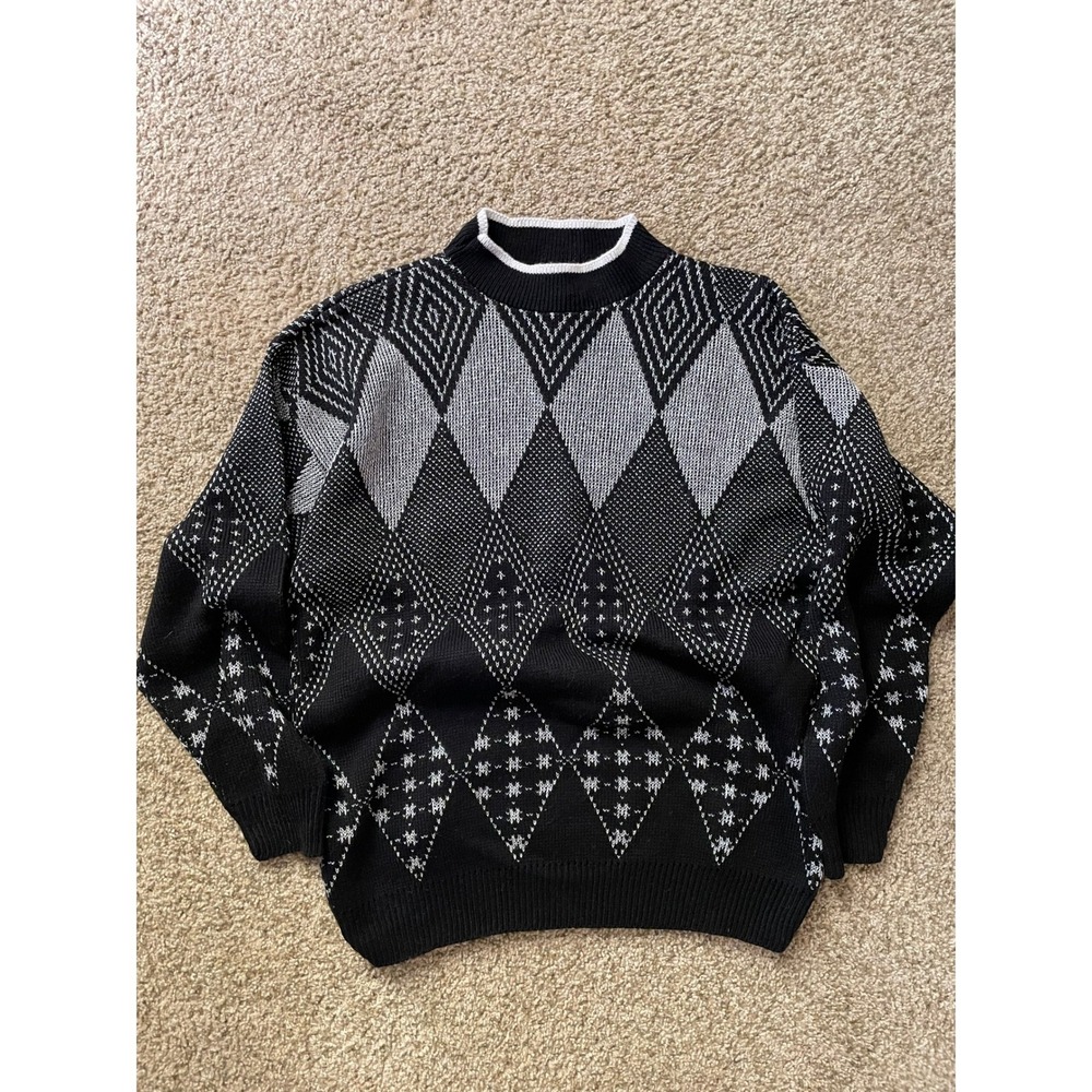 Vintage Fortune Knits Inc Argyle Diamond Sweater Black Grey Made in USA Retro